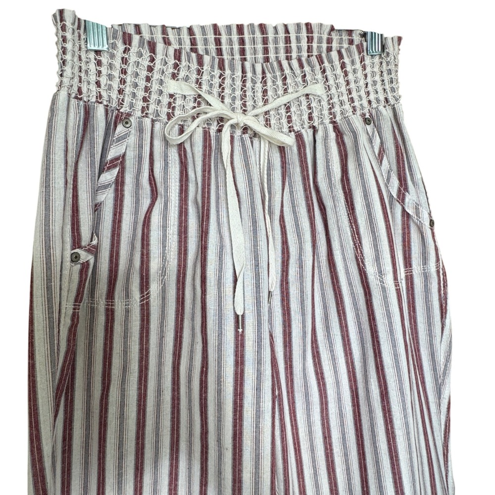 Linen Wide Leg Striped Pants Large Smocked Waist Coastal Nautical Beachy Summer - Picture 2 of 9